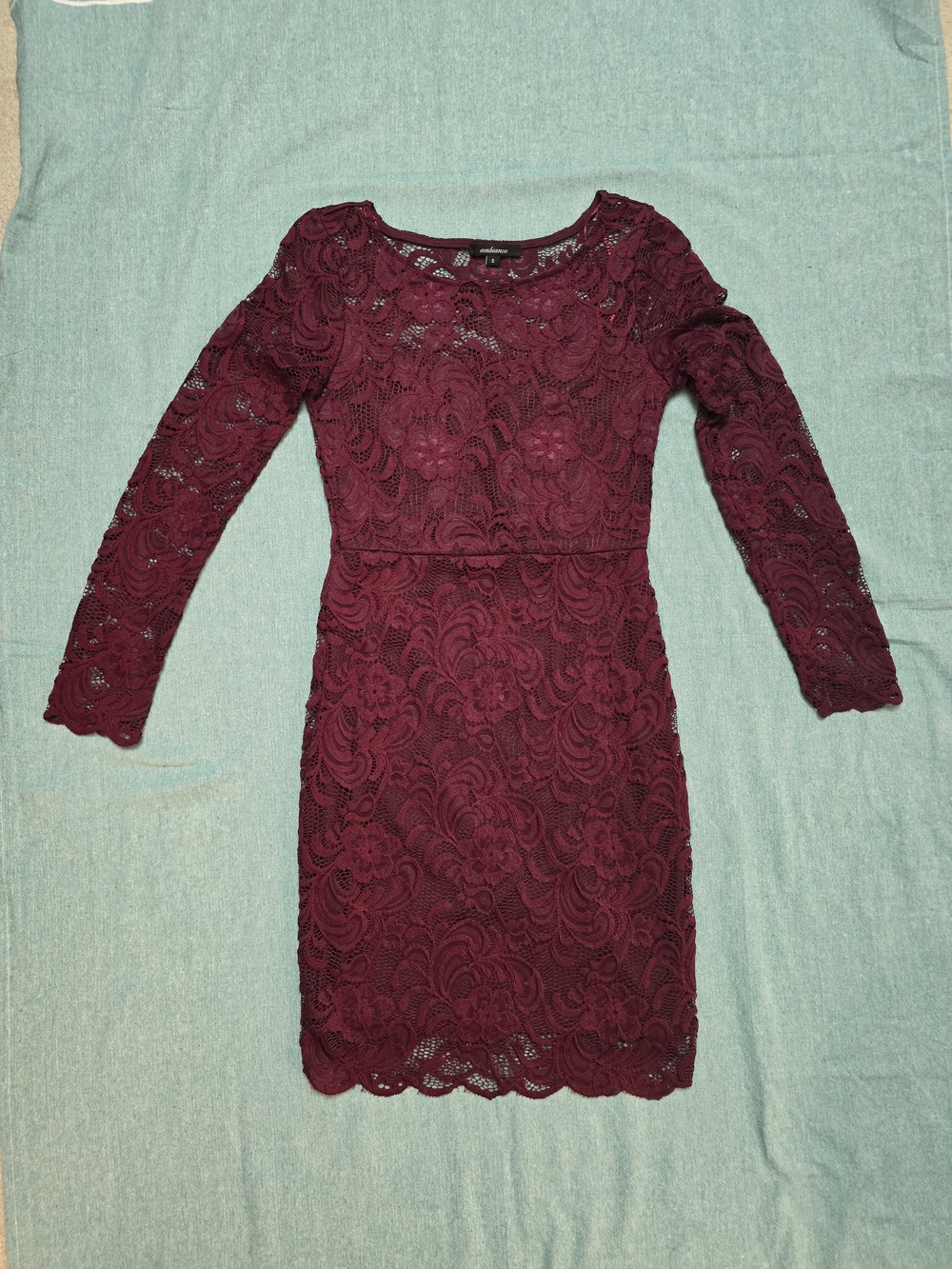 Ambiance Burgundy Lace Long-Sleeve Cocktail Dress